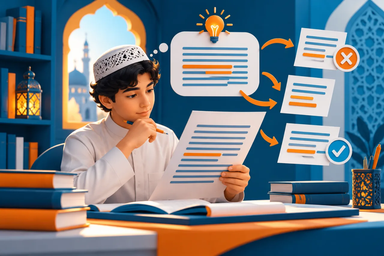 Al Manaarah illustration: Revise an Arabic paragraph one question at a time