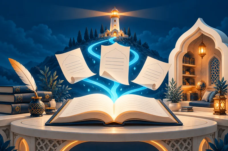 Al Manaarah articles: an open book and floating pages connected to a guiding lighthouse