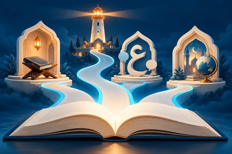 Al Manaarah learning paths: Quran, Arabic and Islamic Studies connected by a guiding lighthouse and an open book
