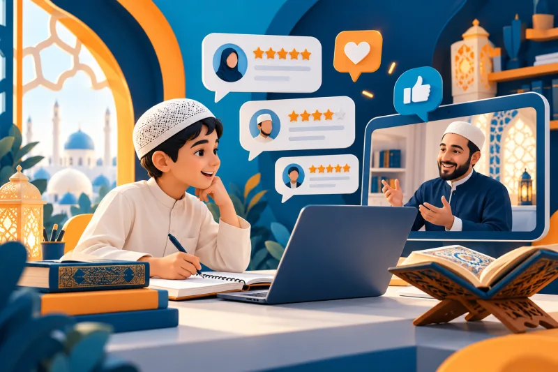 Illustration of a mother and daughter sharing their online learning experience