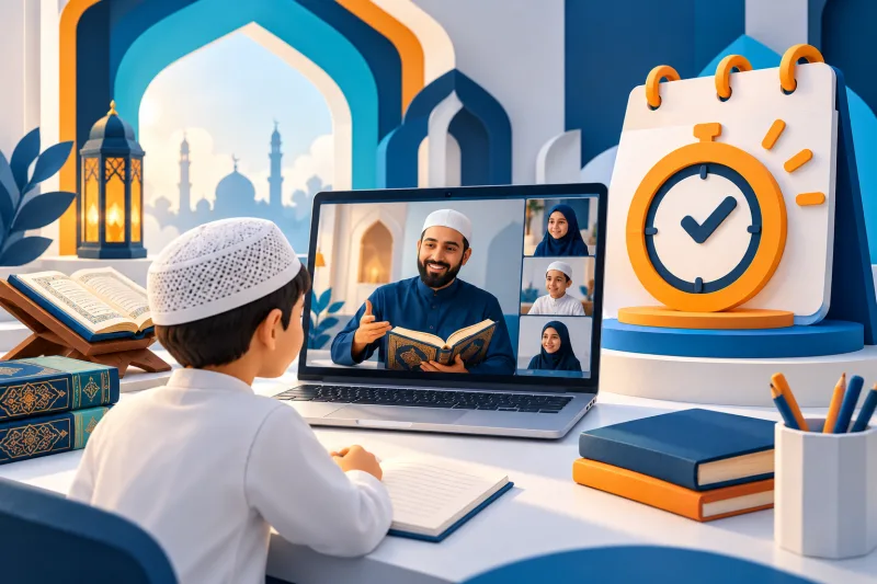 Illustrative parent and child preparing for an online lesson
