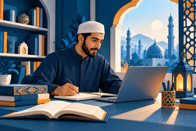 Illustration of an adult studying online