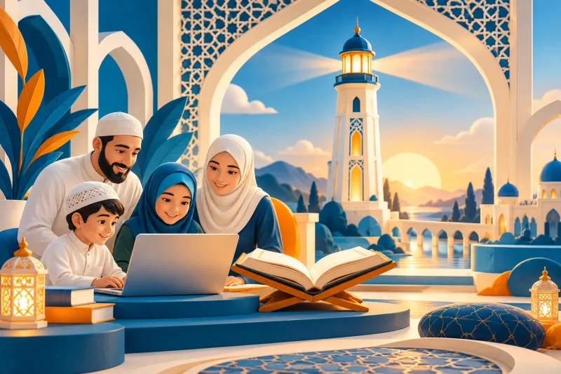 Illustration of a family learning online beside a guiding lighthouse