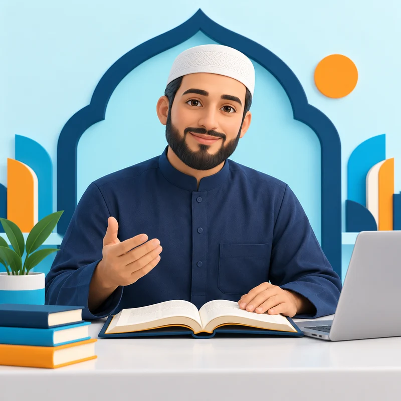 Male teacher teaching with an open book — Al Manaarah illustration
